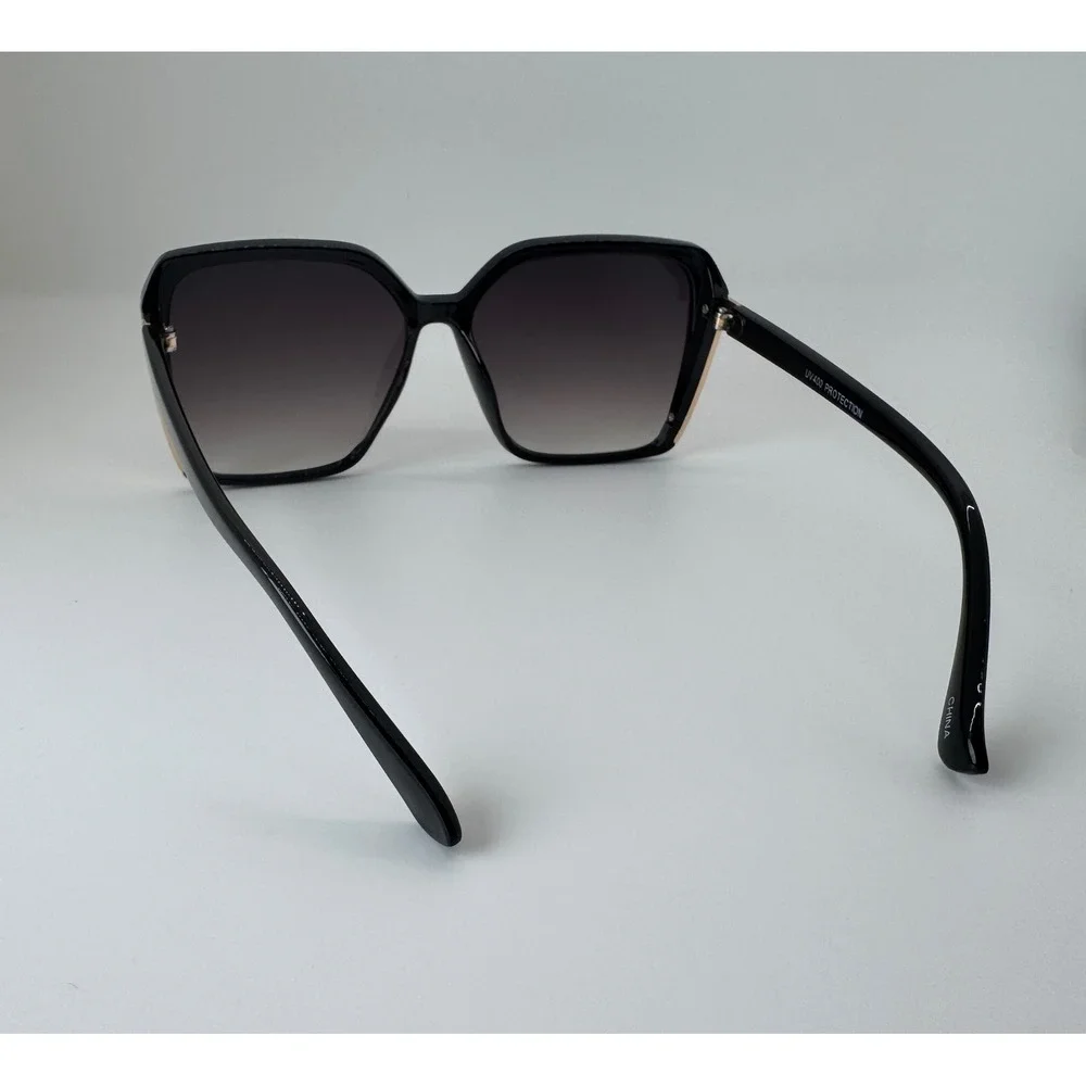 Frita Womens Oversized Square Sunglasses Black Gold Trim UV400 Gradient Lens